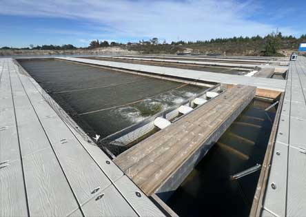 Fish farm floating docks close up view